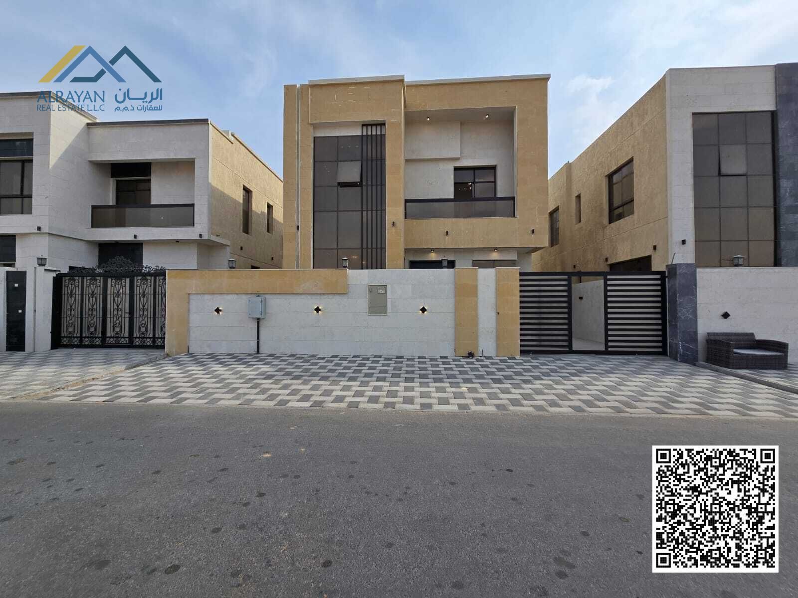 Luxury villa for sale in Ajman, Al Yasmin, with super deluxe finishing. The villa is in an excellent location, just 3 minutes from Al Yasmin Fami