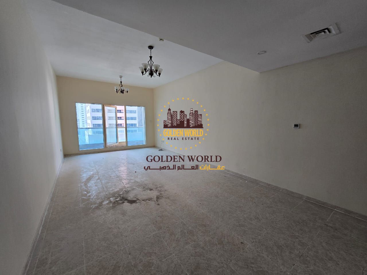**Short translation (≈150 characters):** 2-bedroom + living room in Al Taawun, Sharjah. Free A/C, family building, 24/7 security, central gas, close