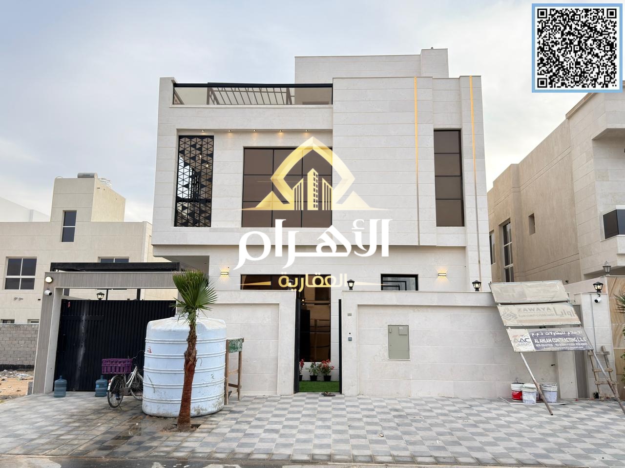 Luxury villa for sale in Al Bahia area, featuring two floors and a rooftop terrace. Modern design, spacious layouts, reception areas, and comprehensiv