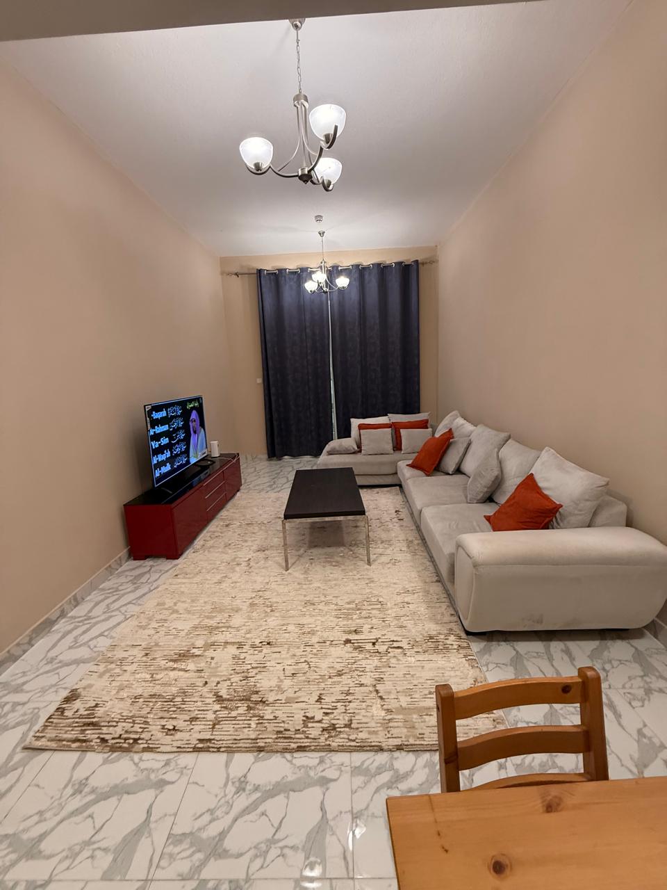 Furnished one bedroom and hall prime location Verona Roundabout one minute to the Corniche second occupant new furniture spacious layout luxury tower
