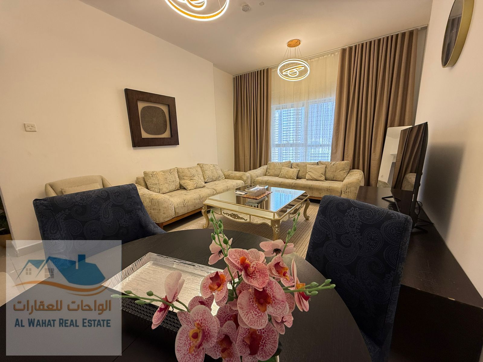 Available now, first occupant: fully furnished apartment with hotel-style furnishings, three bedrooms, living room, maid's room, and fully equipped ki