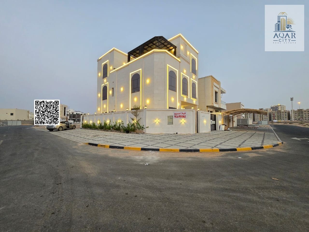 **A strategic location near all services Distinctive location, modern villa with central air conditioning and the corner of two streets, including registration and ownership fees. It has a roof and indoor monsters opposite Azhi, Emirates Towers and Moha