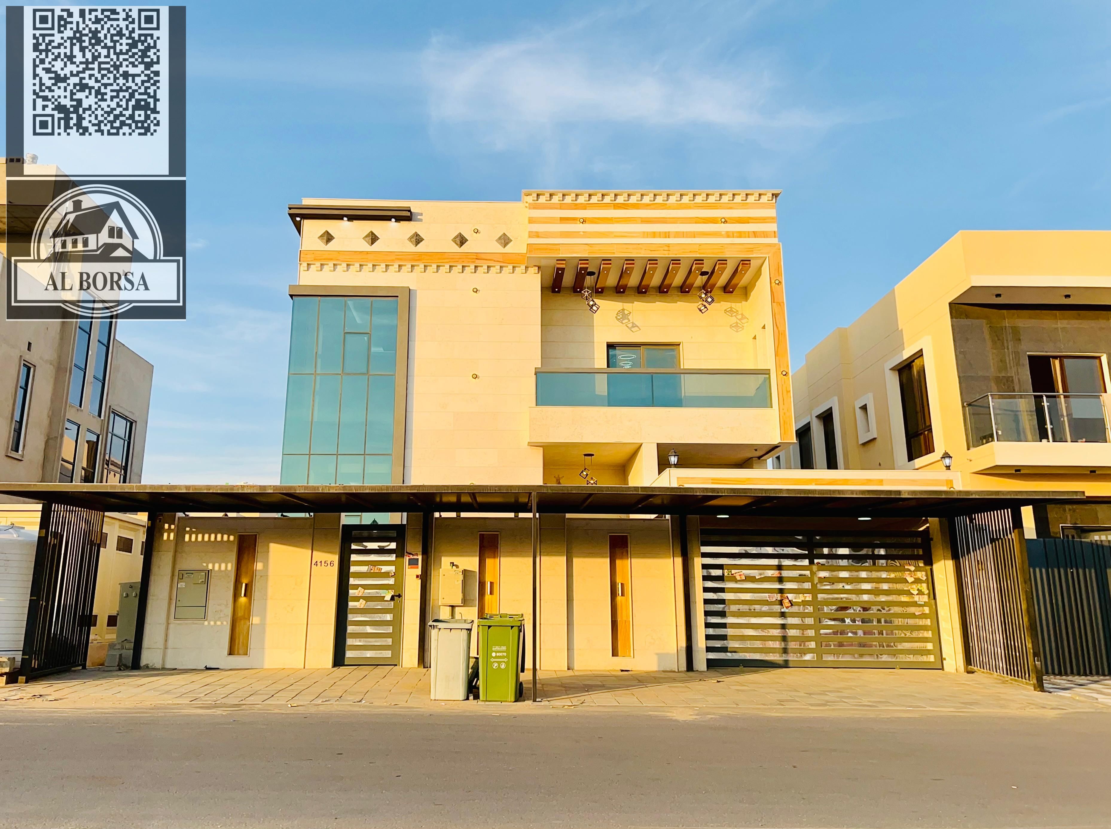 Villa for rent in Al Yasmin area, first occupancy, ready to move in. It consists of two floors: ground floor, first floor, majlis and hall, 5 master b