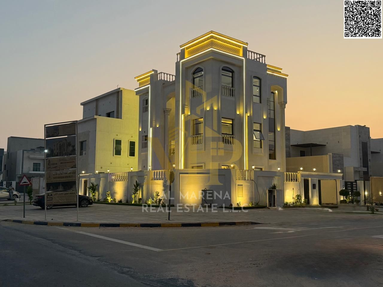 Luxury corner villa with private pool in Al Zahia, 6 master bedrooms, two floors and roof, exceptional location, price includes registration fees