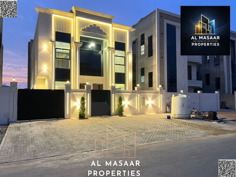 Villa for sale in Ajman, Al Helio area. 5 master bedrooms, majlis, living room, and maid's room. Freehold ownership for all nationalities. Bank financ
