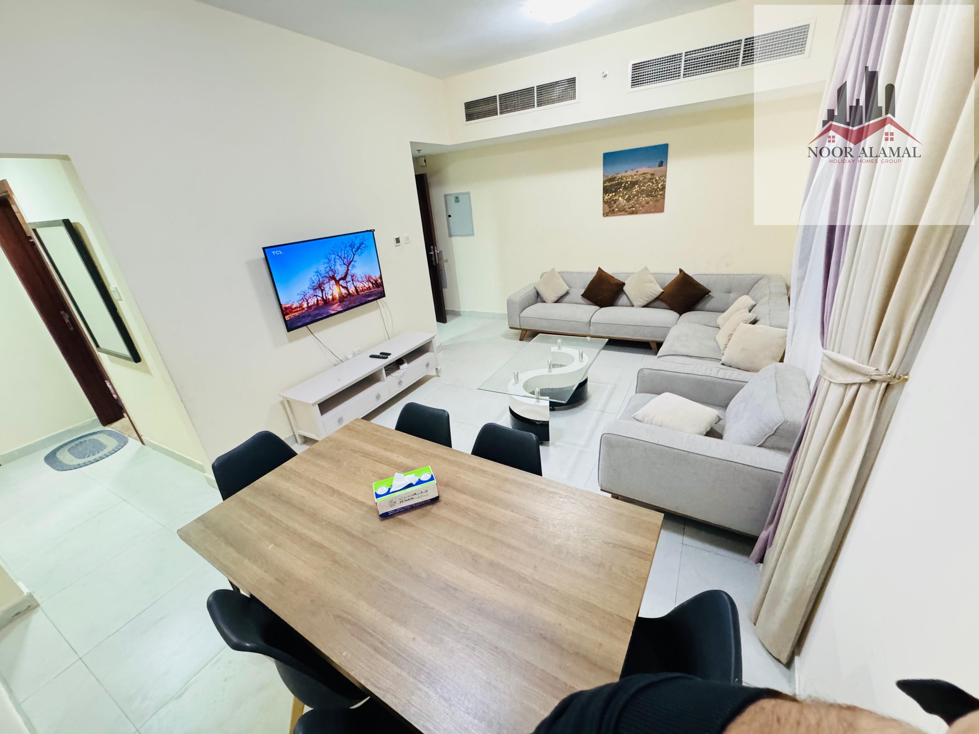 Sharjah, Al Taawun area: Two bedrooms, living room, kitchen, and two bathrooms, next to Oriana Hotel. Super deluxe furnishings