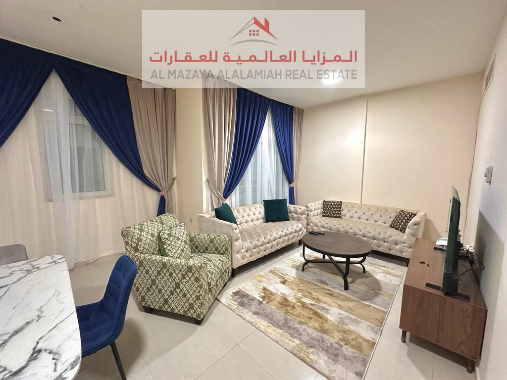 For monthly rent - a fully furnished one-bedroom apartment with a living room and two bathrooms in Al Majaz 3.