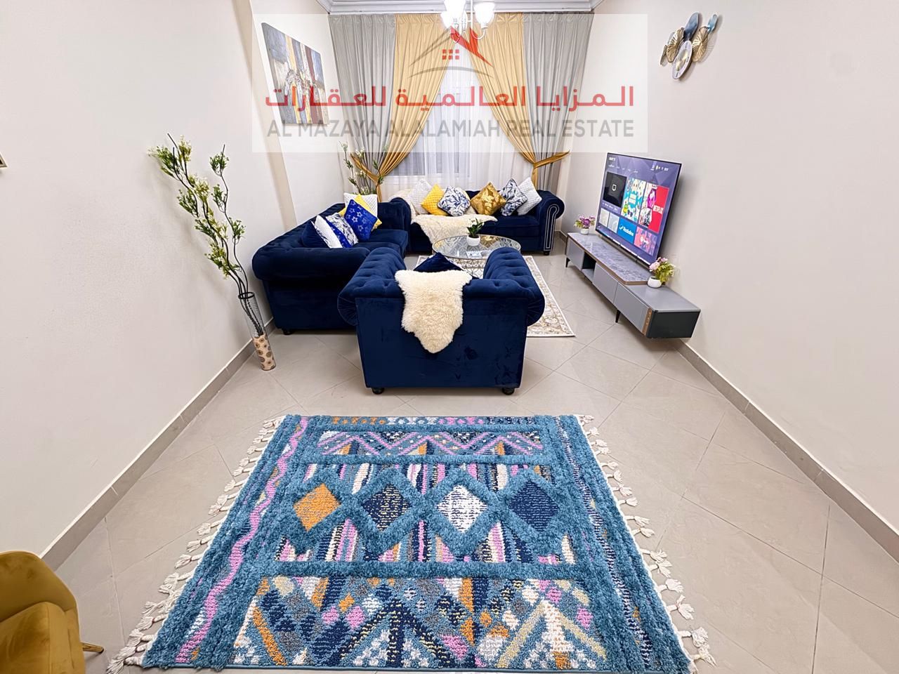 Fully furnished 3-bedroom apartment with a living room in Al Taawun, near Sharjah Corniche, available for monthly rent.