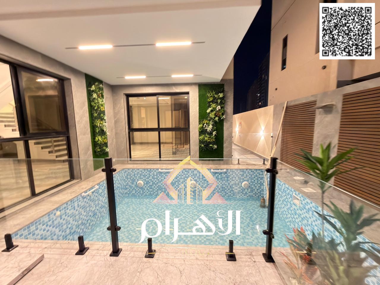 Villa for sale in Al-Amrah area, 7 rooms with swimming pool and roof, including electricity, water and air conditioning, super deluxe finishing, bank