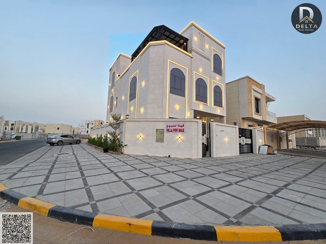 Villa for sale in Al Amrah area, one of the most prestigious and quiet areas in Ajman, with an elegant design, two facades of special stone, a double-