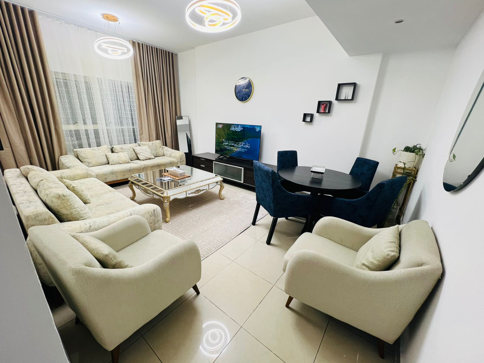 First tenant apartment in Al Khan Rose Tower, 3 bedrooms, hall, 3 bathrooms, fully equipped kitchen, internet included, rent AED 8,500 monthly.
