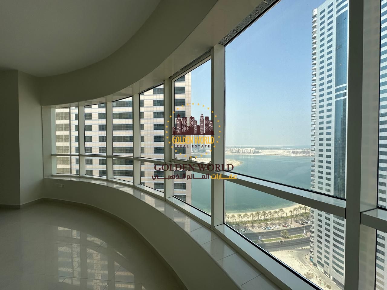 For rent in Al Khan Al Qasba, 4BR + hall, full panoramic sea view, free AC, gym, pool, kids area, free robot parking. 135K AED.