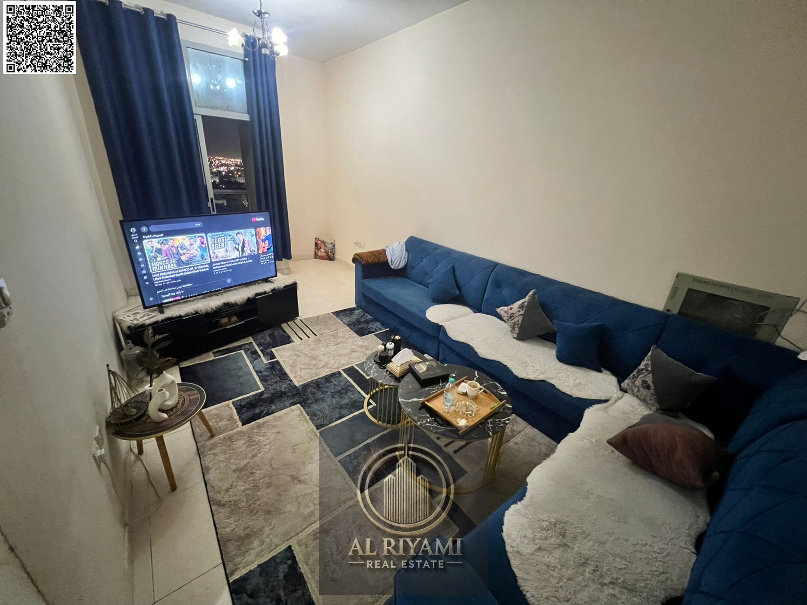 Furnished 1-bedroom apartment with a living room, balcony, and 2 bathrooms, including all services, opposite Al Nuaimiya Towers.