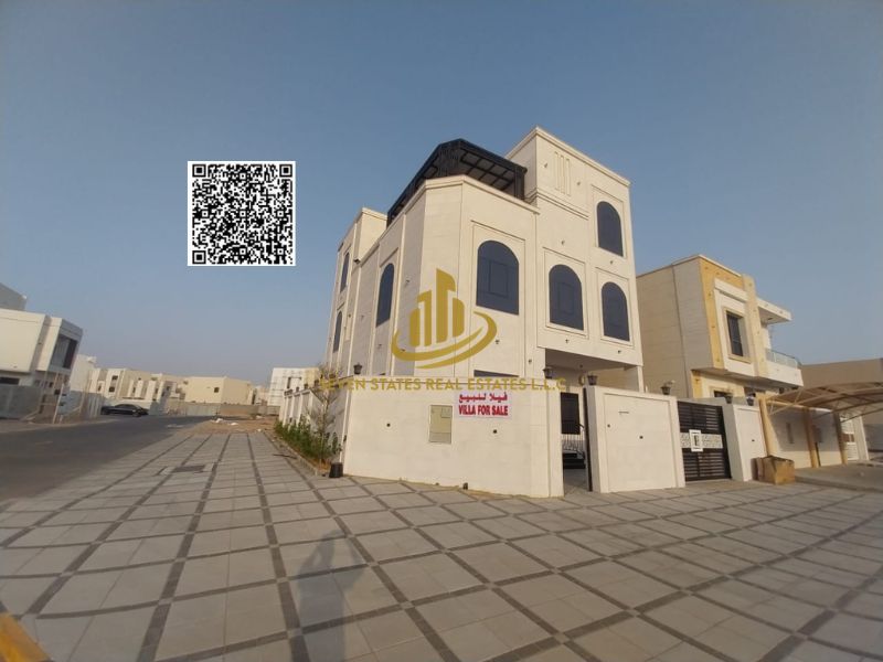 Corner luxury villa in Al Amra Gardens – exceptional design, 7 master bedrooms, independent majlis, spacious living areas, stylish rooftop, and modern