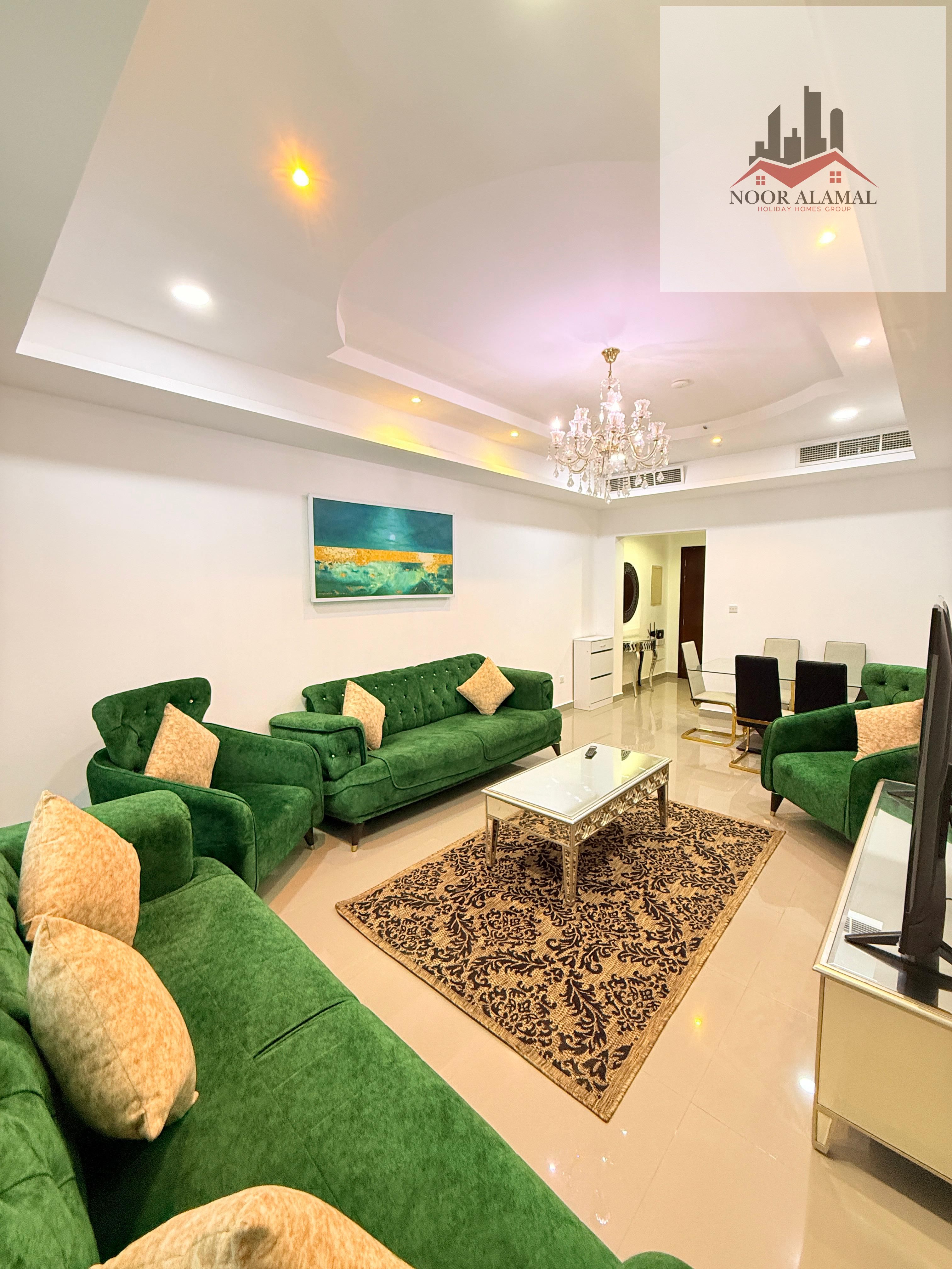 Sharjah, Al Khan, furnished apartment with hotel-style furnishings, first occupancy, three bedrooms, living room, maid's room, kitchen, three bathroom