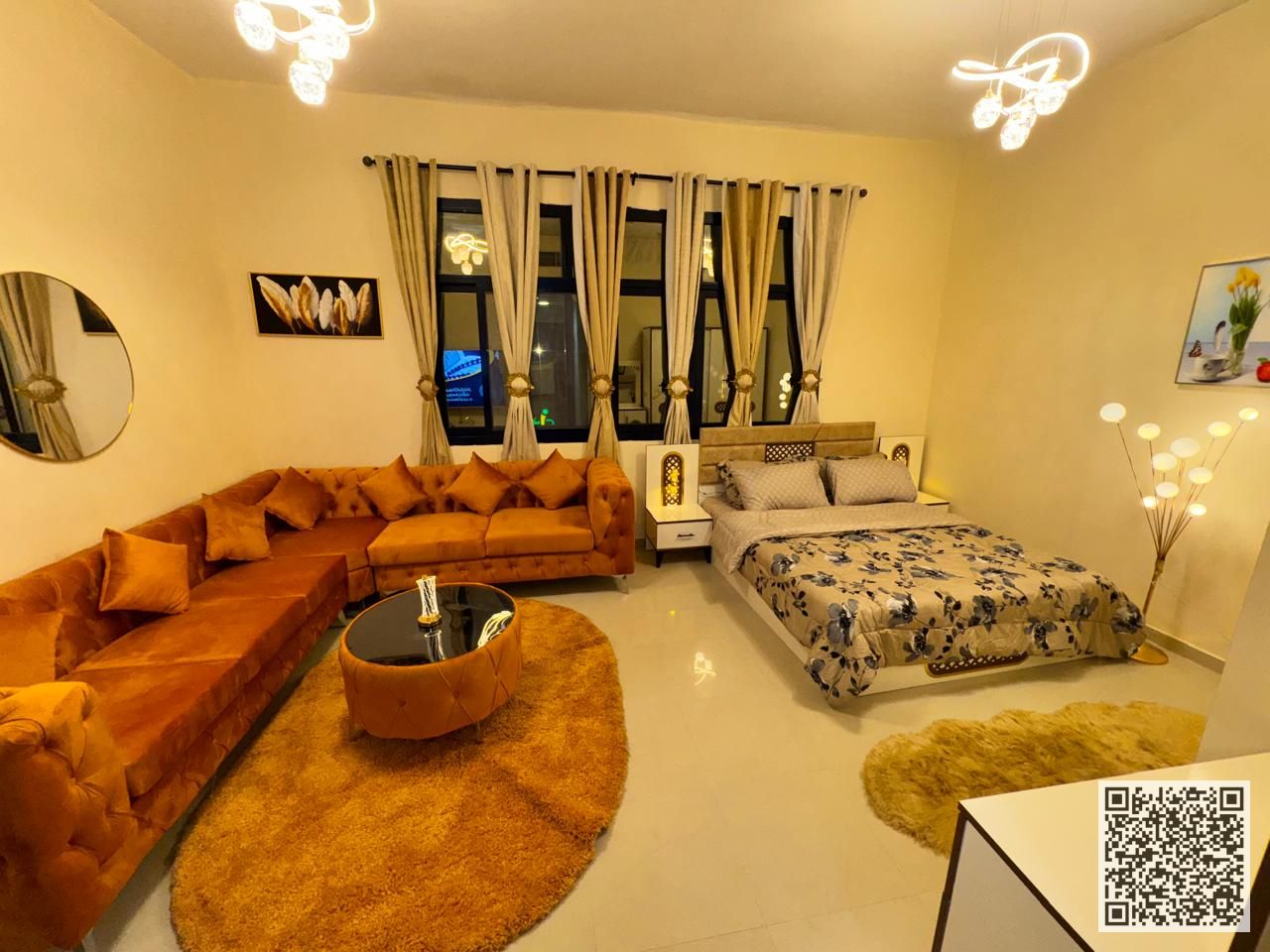 For monthly rent in Ajman - Studio apartment -detached kitchen, open view, fully furnished new with elegant furniture and a fully equipped kitchen