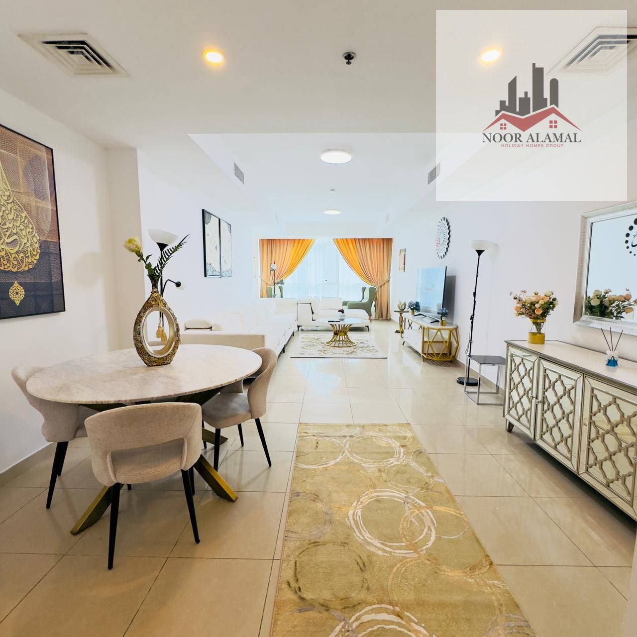 Sharjah, Al Khan, Beach Tower 2: One bedroom, living room, kitchen, two bathrooms, balcony, and maid's room.