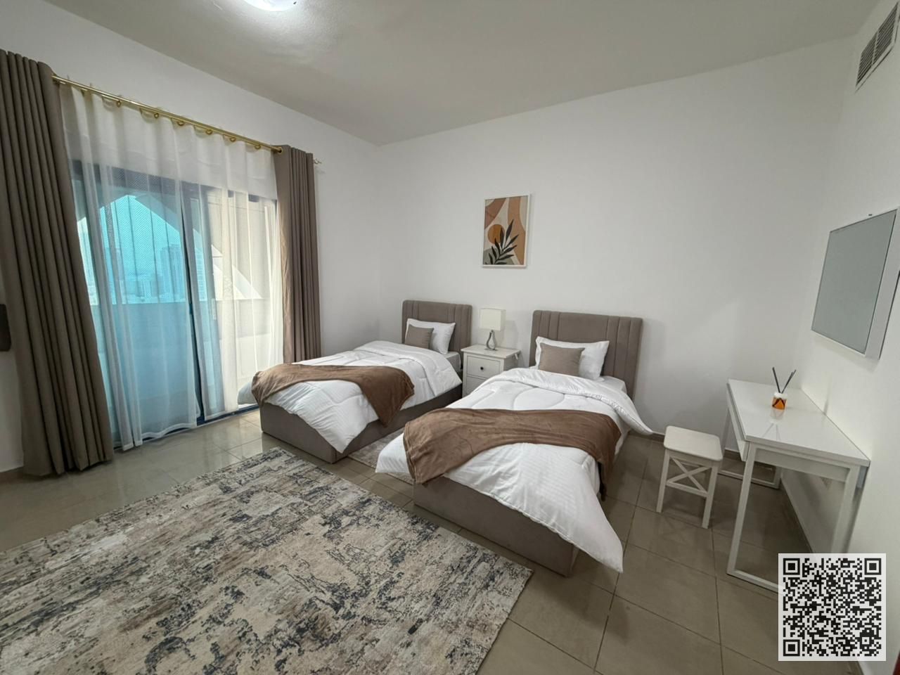 Luxurious and elegant two-bedroom apartment with a living room, fully furnished with brand new, high-end furniture, including all bills, internet, and