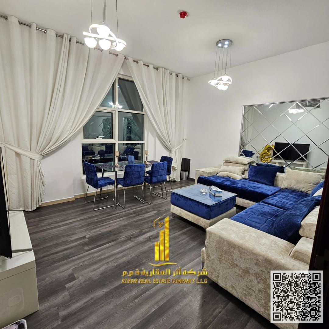 First occupancy, luxurious and elegant two-bedroom apartment with a fully furnished VIP living room in Al Nuaimiya 3 City Towers, offering a full view