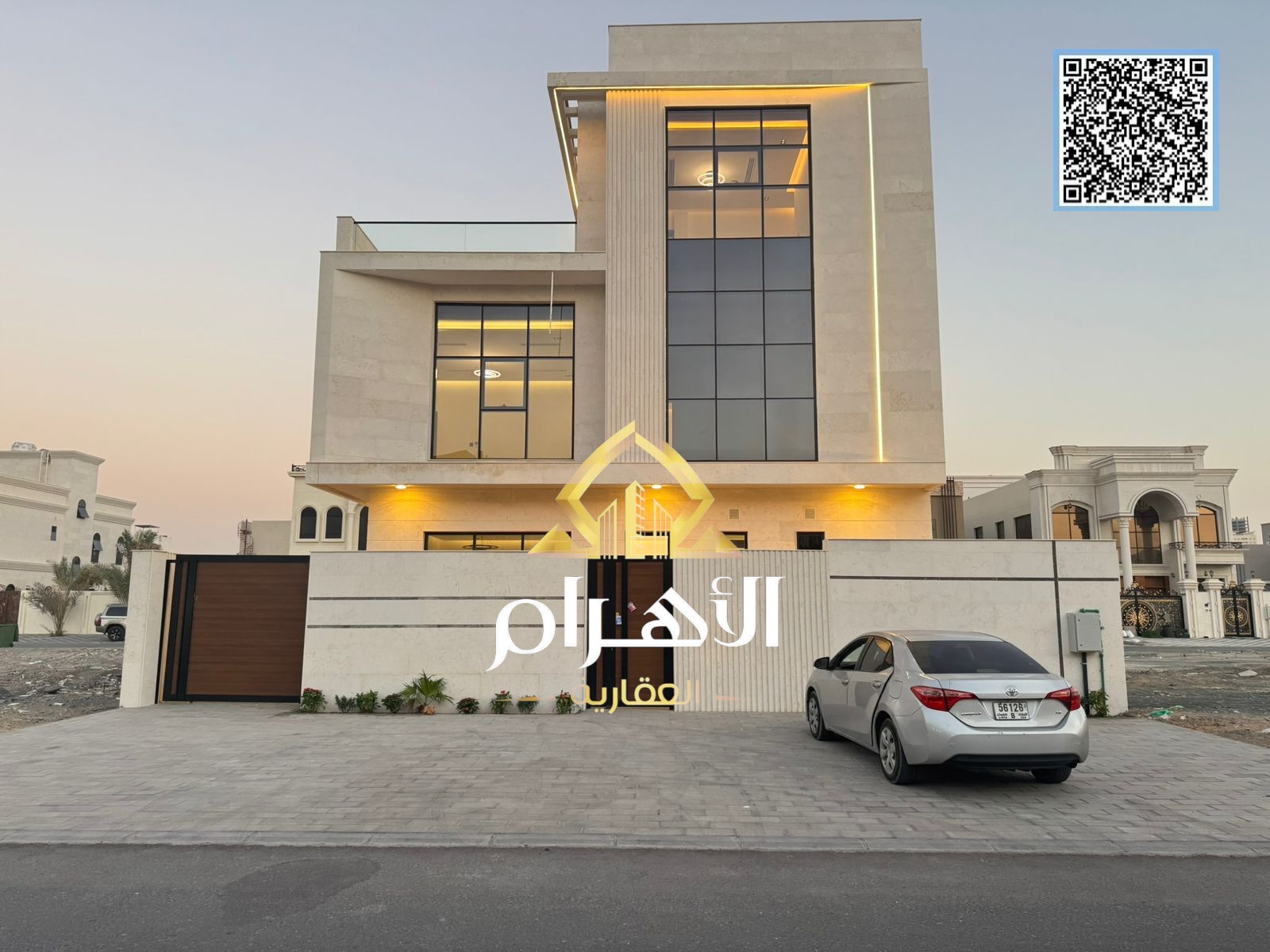 Modern corner villa on two streets, two floors, roof, garden, and internal elevator. Price includes electricity, water, and air conditioning.