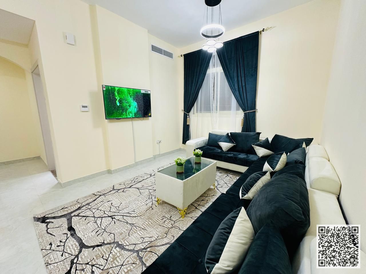 Luxurious and elegant two-bedroom apartment with a living room, fully furnished with brand new, high-end furniture, including all bills and internet.