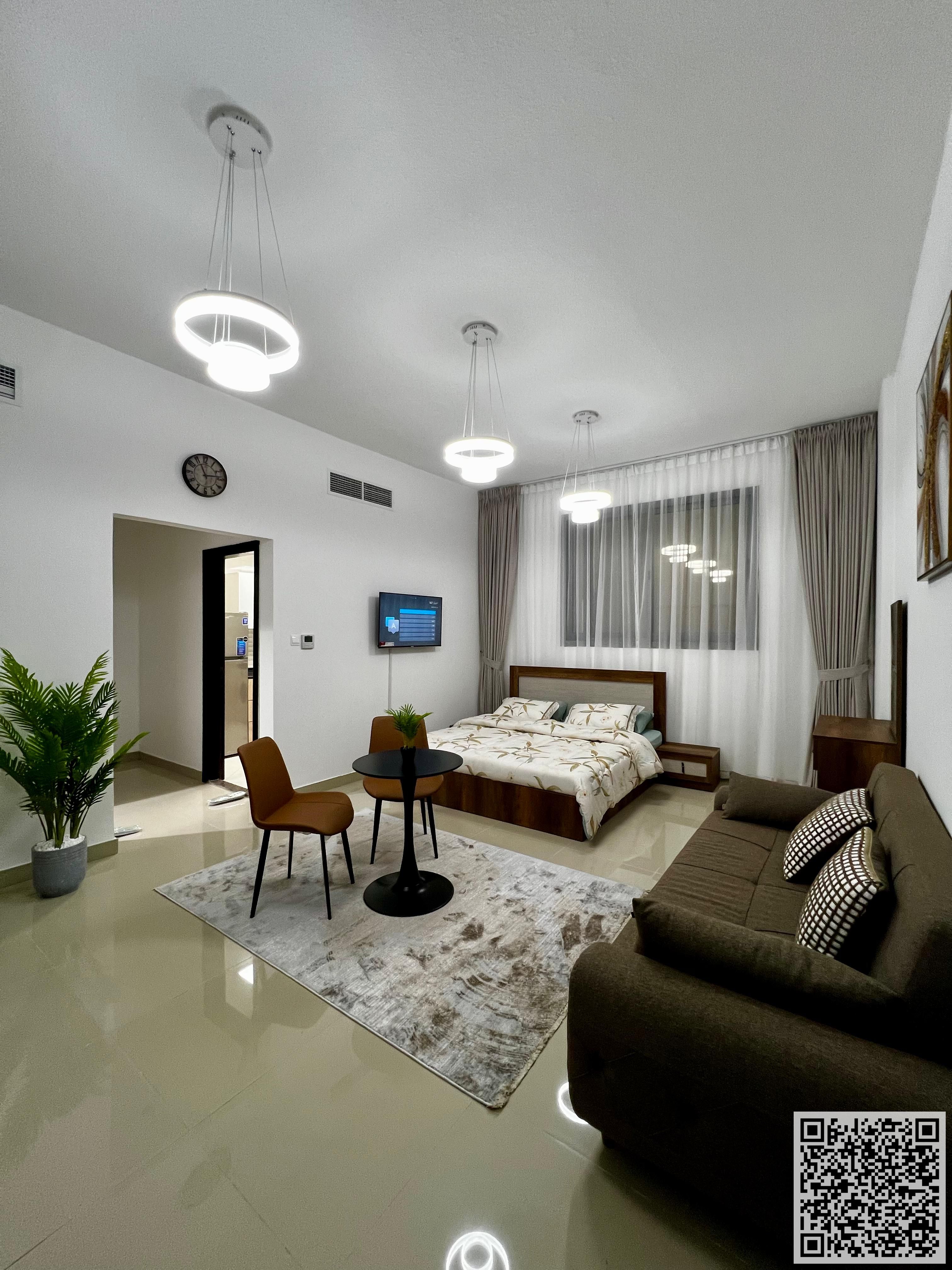 For monthly rent in Ajman - Studio apartment -detached kitchen, open view, fully furnished new with elegant furniture and a fully equipped kitchen
