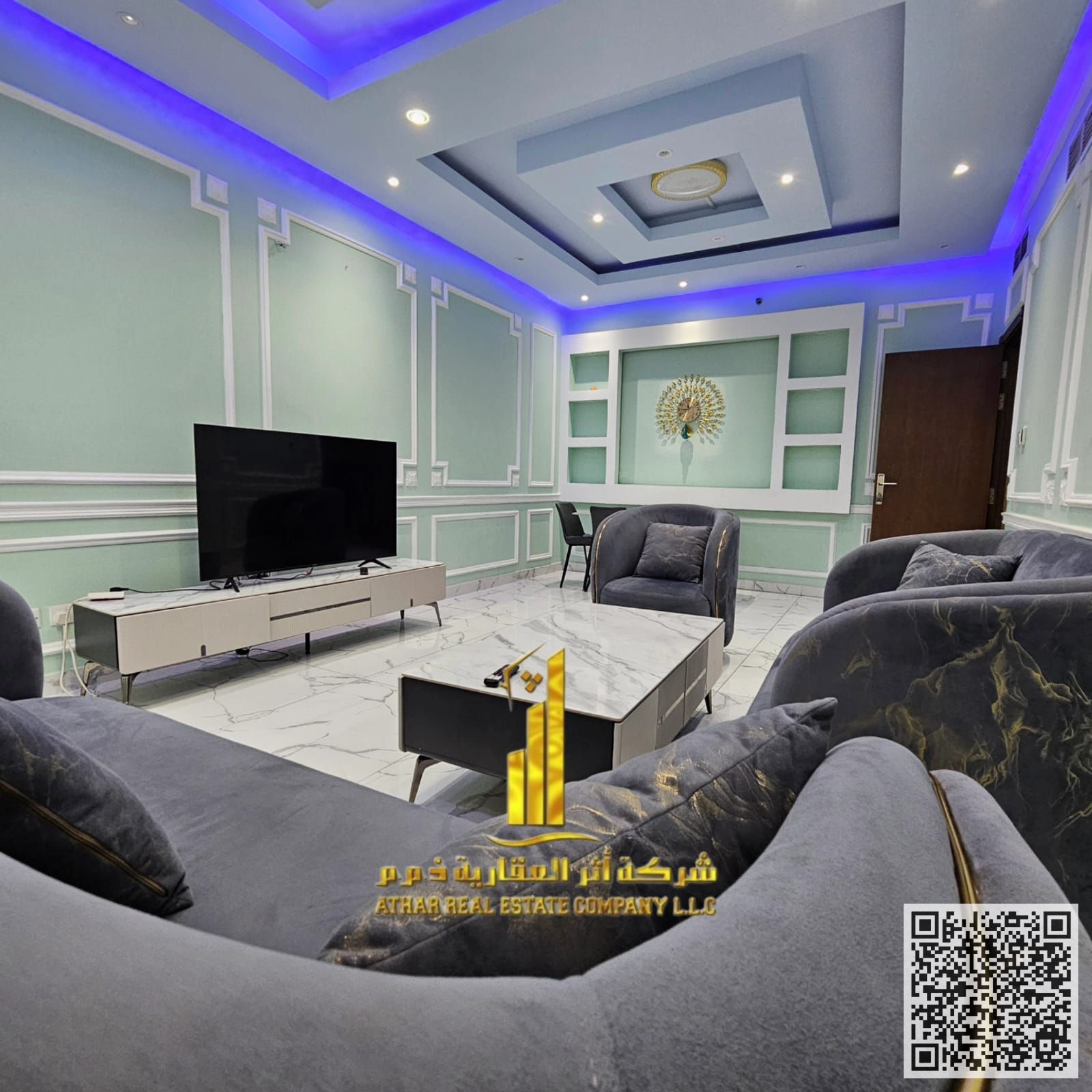 Luxury apartment for monthly rent, two bedrooms and a hall with a sea view, fully furnished with high-end hotel furniture and a fully equipped kitchen