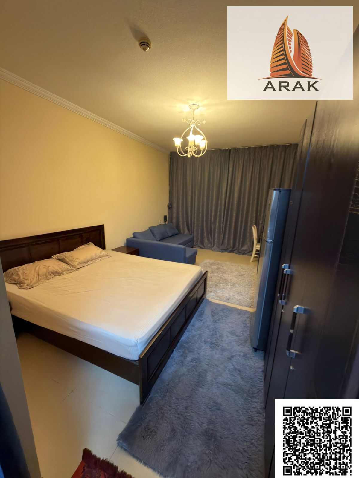 A distinctive studio apartment for rent in Al Yasmeen Towers, Ajman, located in Al Jurf 2 area, directly opposite City Centre Ajman