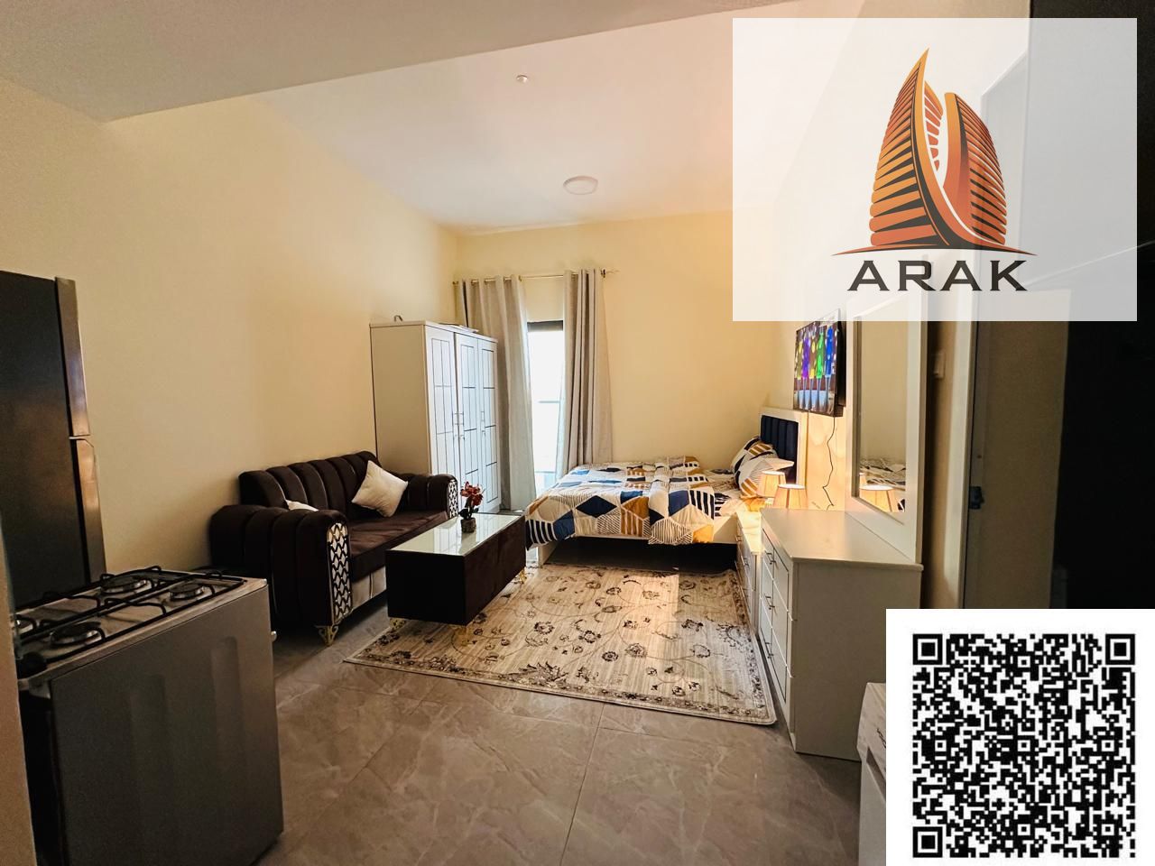 Fully furnished studio apartment with brand new furniture, first tenant, located in Ajman Corniche area, in a very lively and touristic location