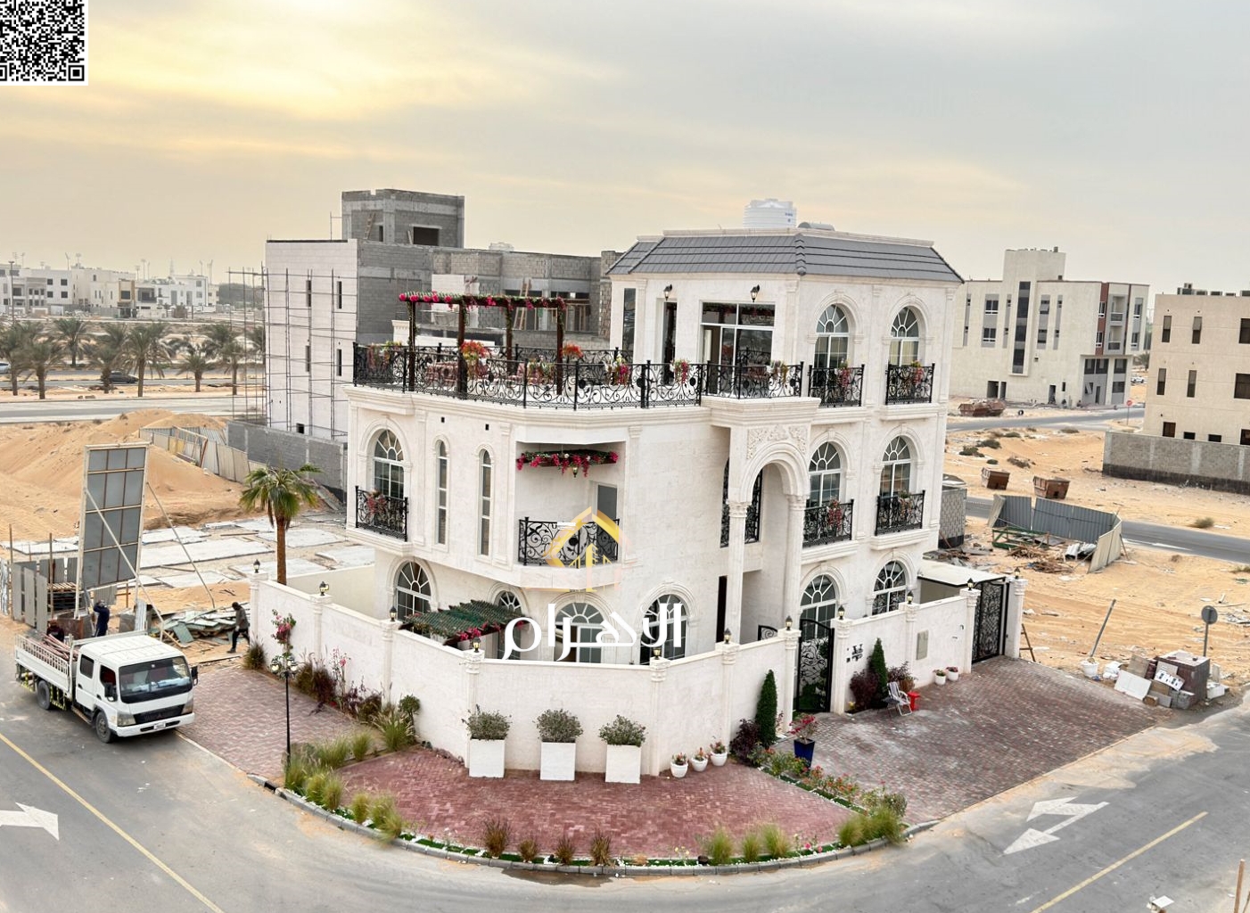 Luxury villa for sale in Al Bahia area, featuring two floors and a rooftop terrace. Modern design, spacious living areas, reception halls, and compreh
