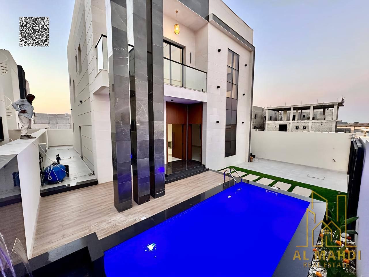 Villa with pool for sale in Al Bahia area, Ajman. Excellent location. Registration fees included. Freehold. Area: 3014 sq ft.