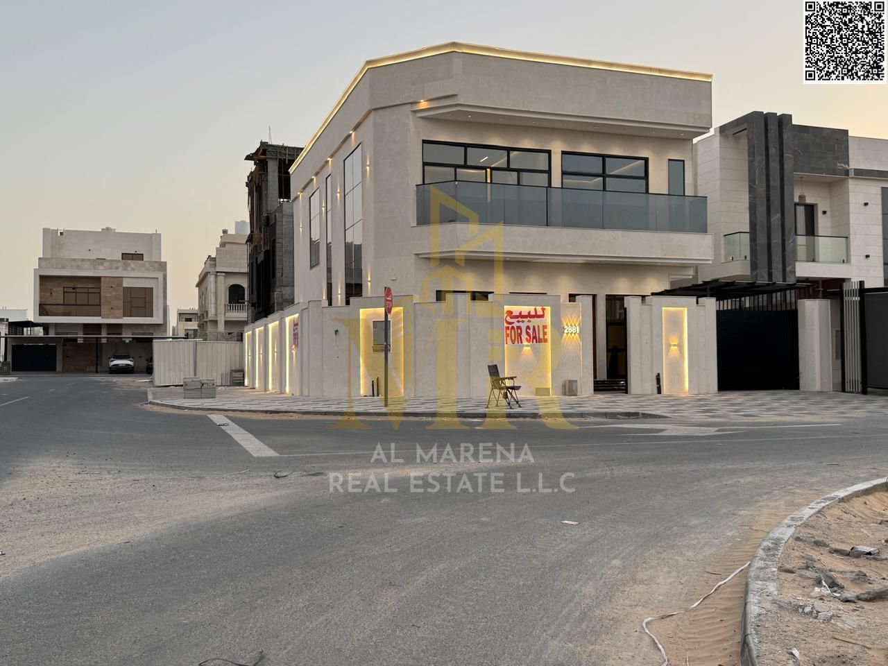 Luxury villa for sale in Al Bahia – Ajman | 5 master bedrooms | Two floors and a roof | Corner unit | Majlis and living room. Price includes registrat