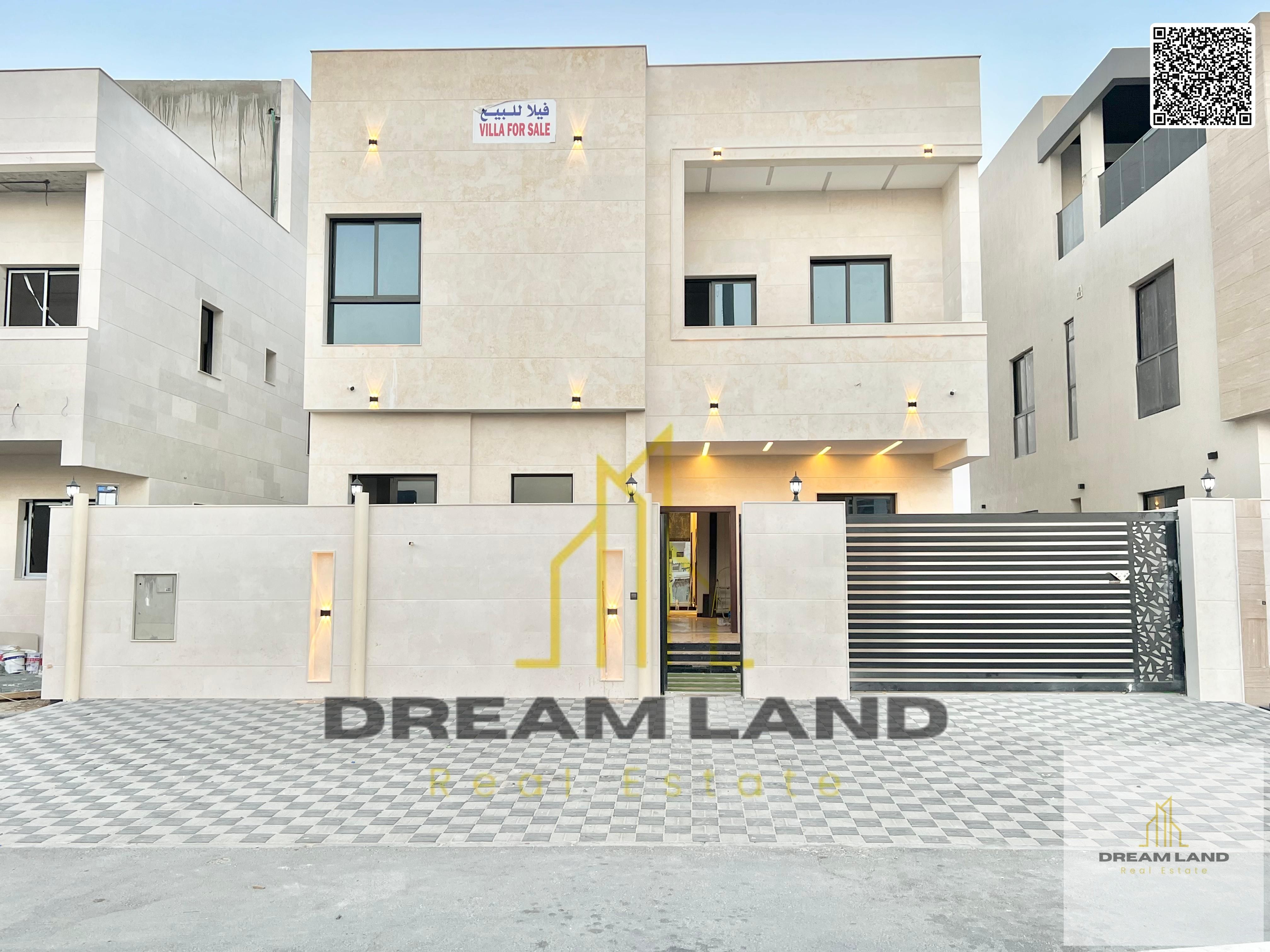 Luxury villa for sale in Al Bahia, Ajman. 6 master bedrooms, majlis, living room, modern kitchen, preparation kitchen, roof terrace, luxurious stone d