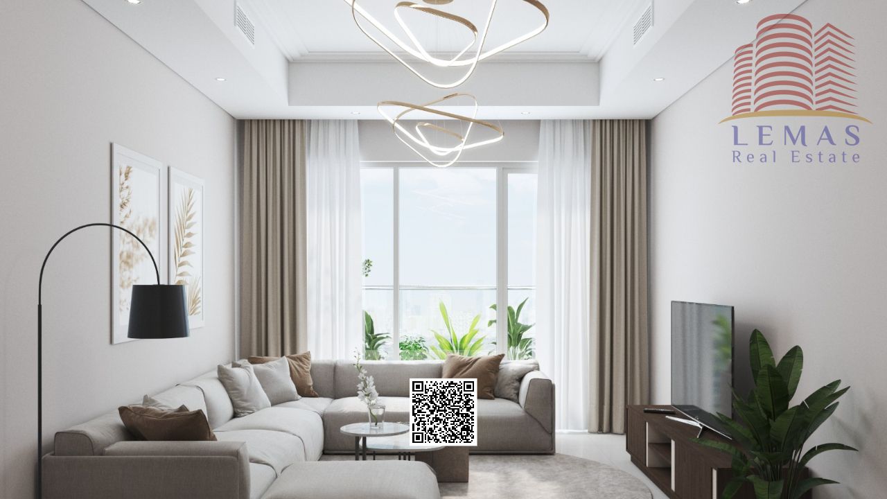 Two-bedroom apartment with a living room in Tower B1, with city views.