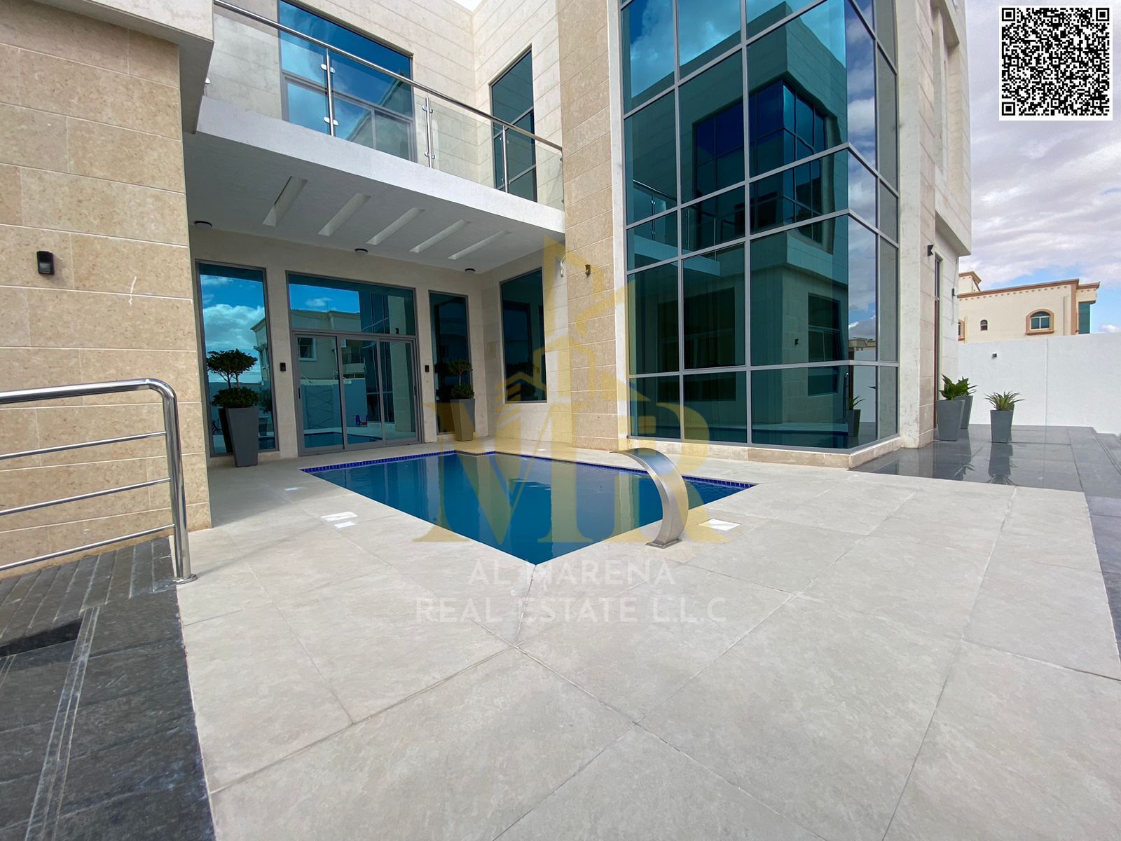 Luxury villa for sale in Al Yasmin, Ajman | 6 master bedrooms | Two floors and a roof | Majlis and living room with washrooms | Swimming pool and gard