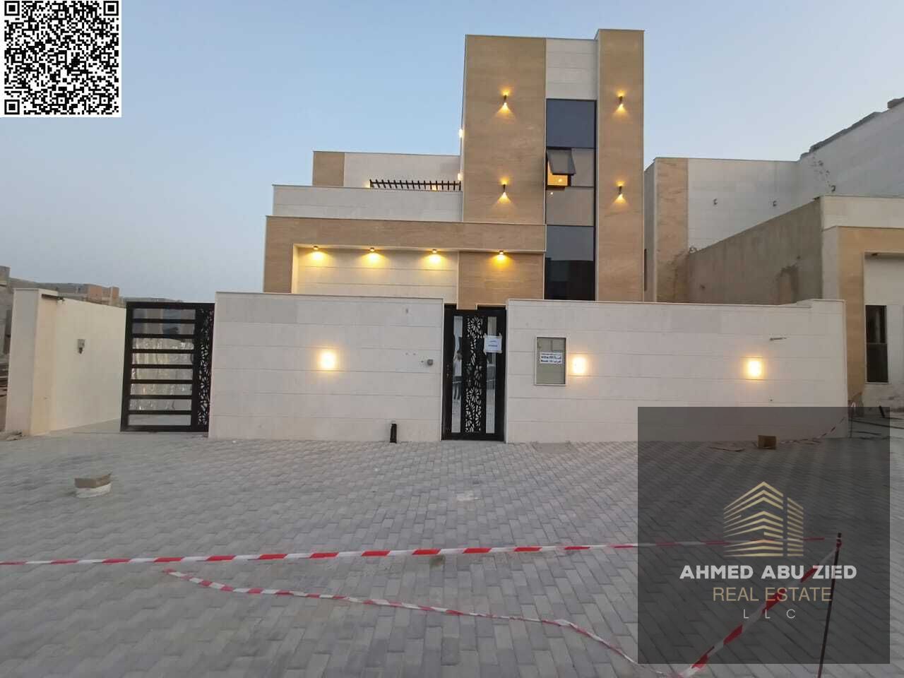 Elegant 4BR villa in Ajman with 6 bathrooms, maid’s room, front setback with covered parking, ground, first & roof floors, rooftop seating, built-in w