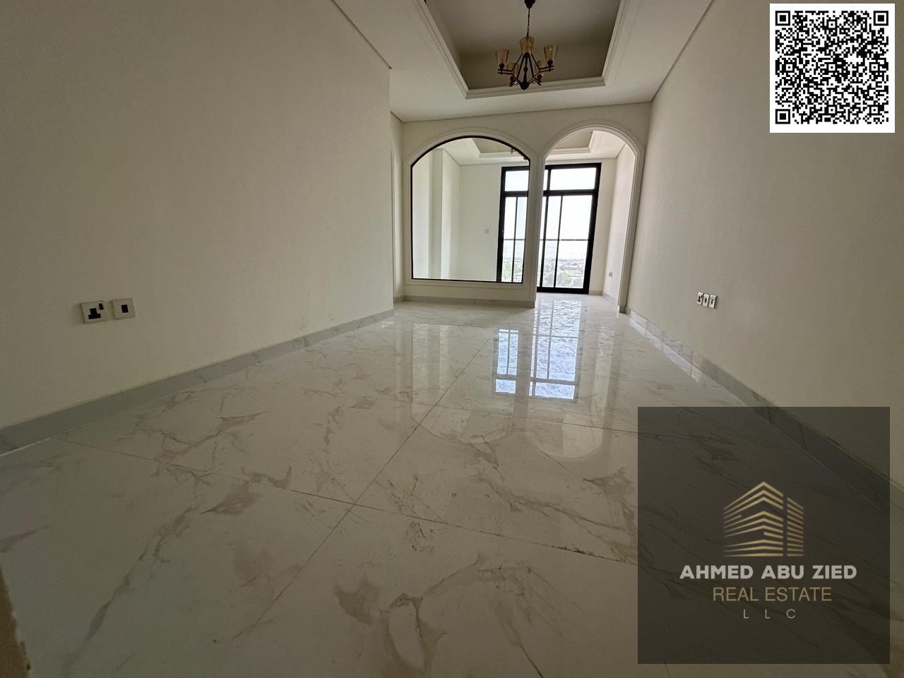 Brand-new luxury 3BR hall + majlis for annual rent | Central AC, open-view balcony, wardrobes, 3 baths, spacious kitchen | With pool + 1 month free.
