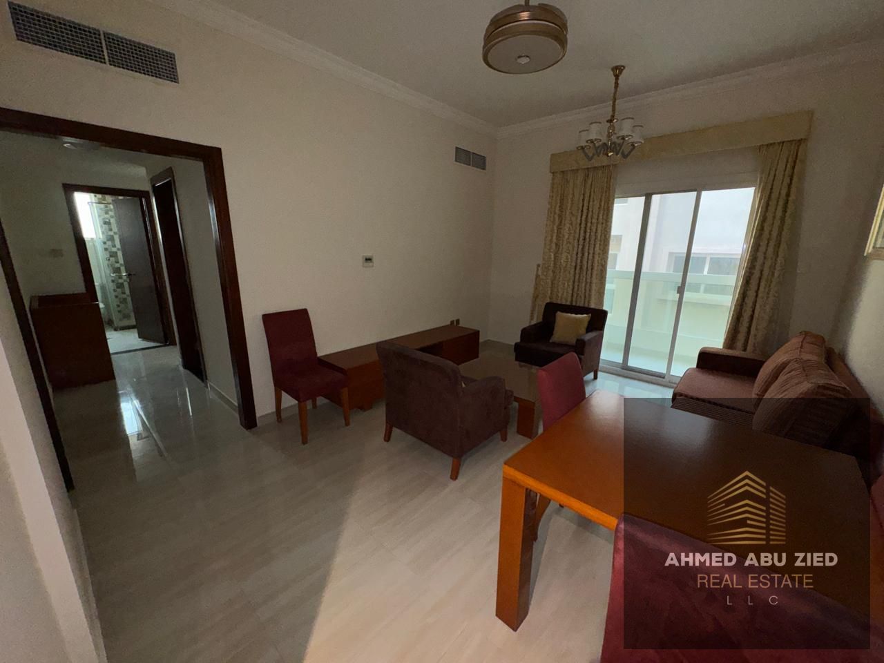 A furnished 1-bedroom apartment with a hall for annual rent in Ajman, located in Al Jurf 2, next to the National School and close to Mohammed bin Zaye
