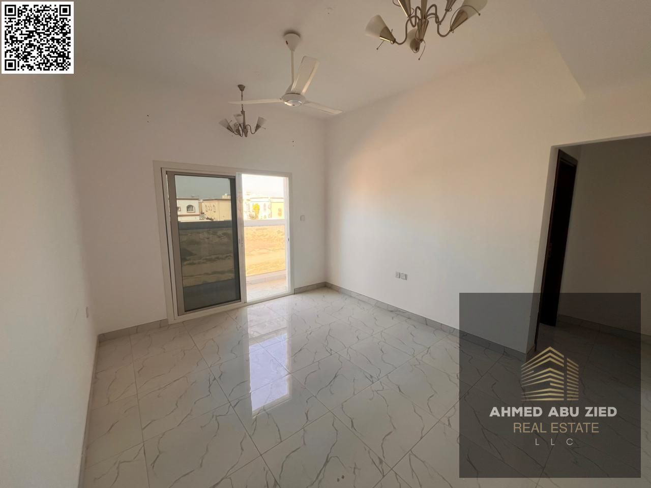 1BR + hall, 2 baths, separate living, balcony, new central A/C, 2nd tenant, Al Muwaihat 3 near schools & MBZ Rd, AED 33K/year.