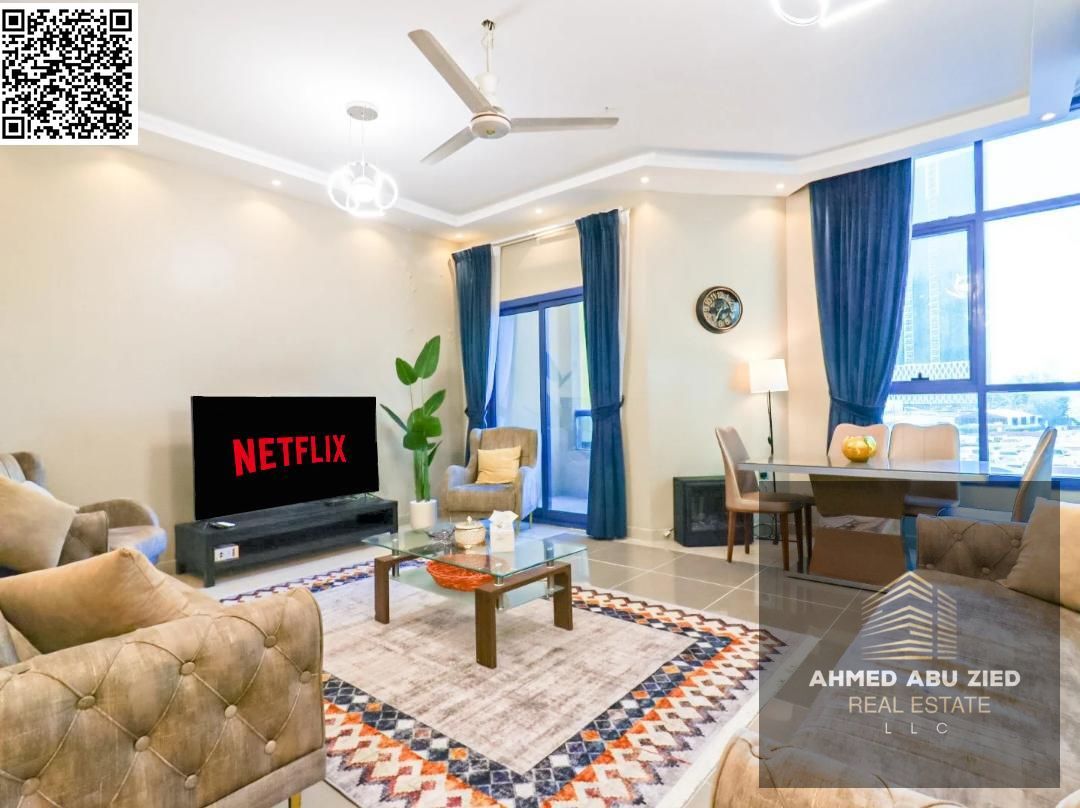 2BR + hall + maid room, furnished in Al Khor Towers, 3 baths, 2 balconies, rent 47K, 6 payments, next to the Cooperative Society, Easy access to Dubai
