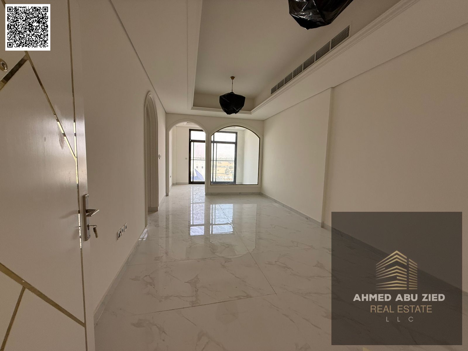 For annual rent, first occupancy, one-bedroom apartment with a living room, master bedroom, living room, majlis (formal sitting room), built-in wardro