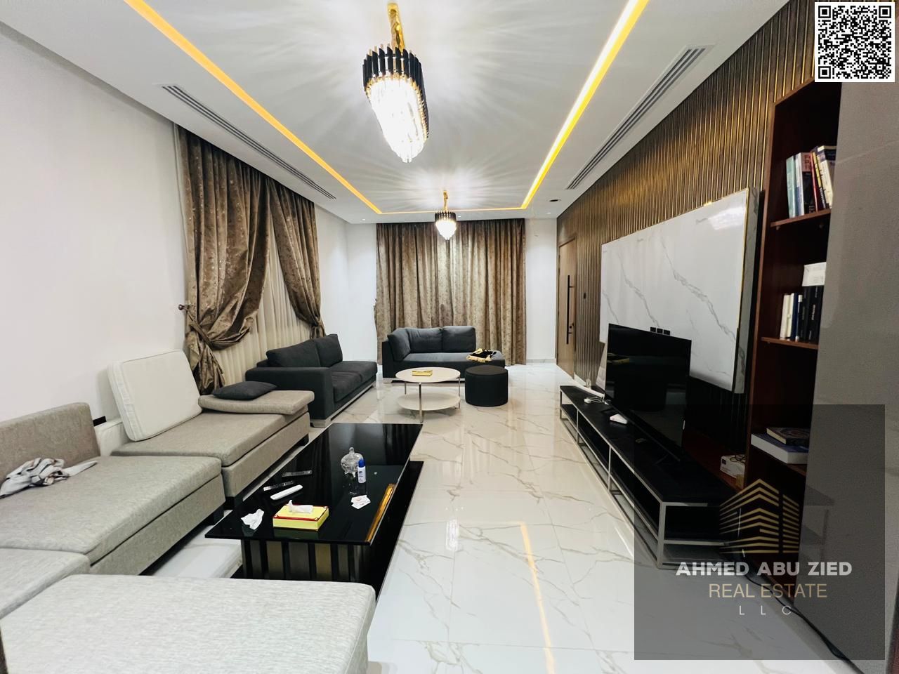 Luxurious and elegant villa with 5 master bedrooms, living room, majlis, main kitchen, preparation kitchen, 7 bathrooms, maid's room, built-in wardrob