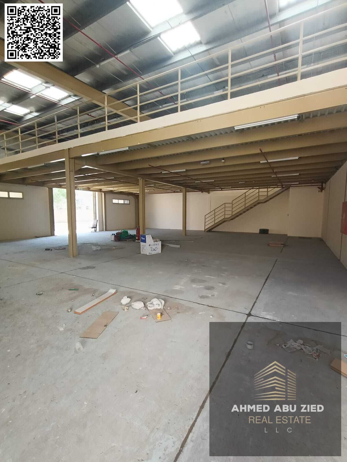 3 warehouses in Al Jurf Industrial Area 1, 6000 sq ft, 2 bathrooms, 22 kW electricity, ready mezzanine, main street near Dubai/Sharjah exit, rent 310k