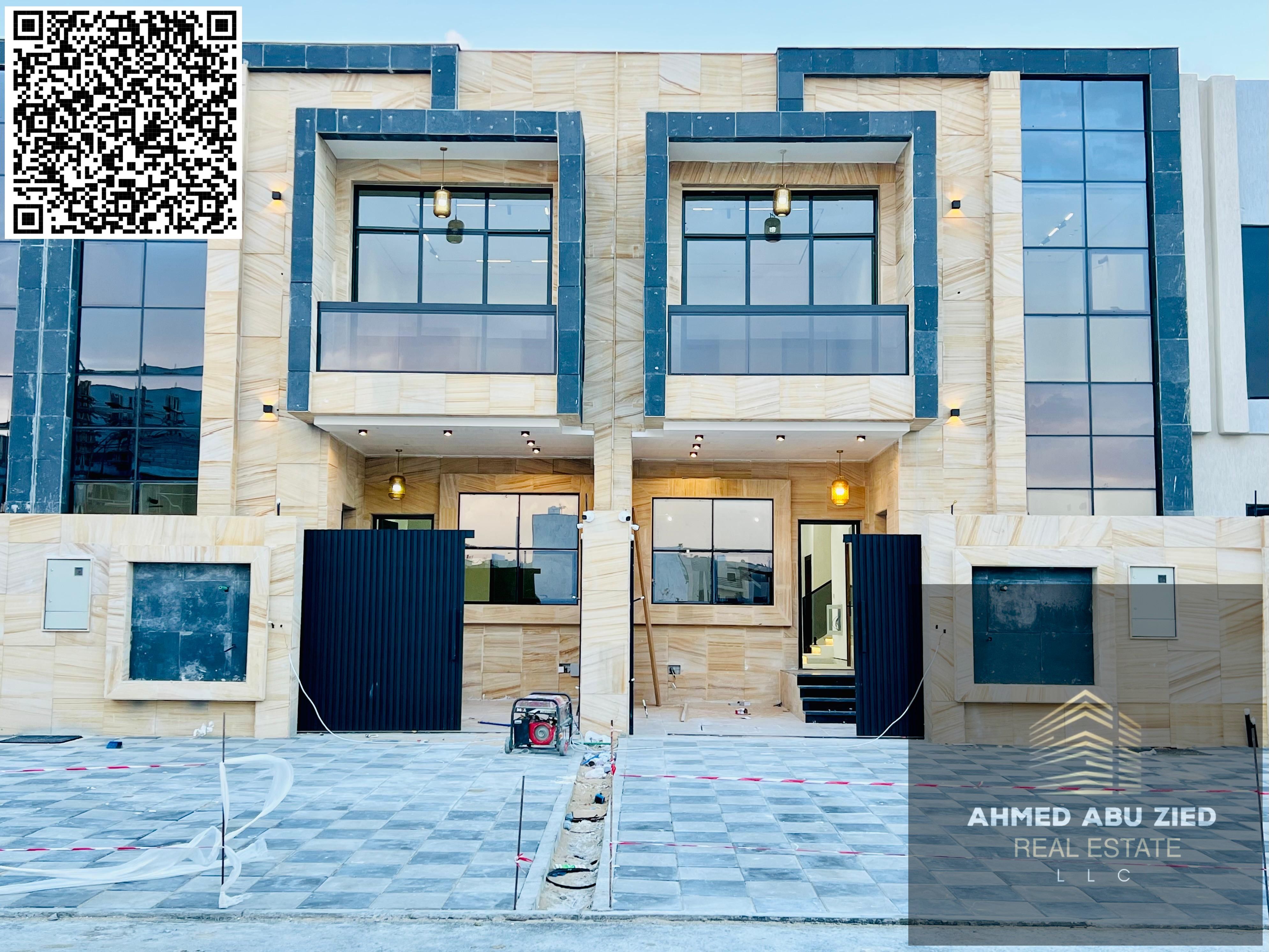 For annual rent in Ajman, a brand new, never-before-occupied villa consisting of a ground floor, first floor, and roof, featuring 5 master bedrooms