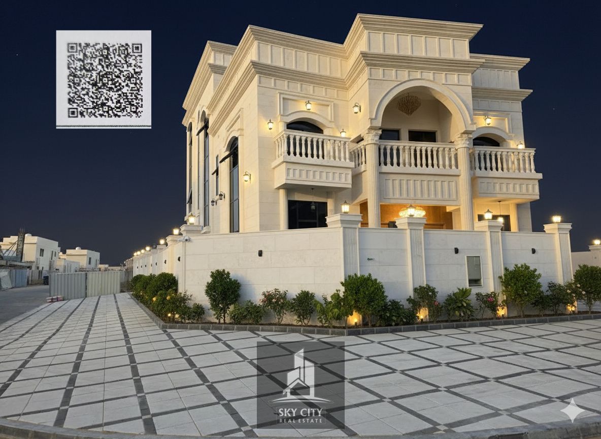 Al Haliyo, Ajman, behind Emirates Towers on Sheikh Mohammed Bin Zayed Road. 7 master bedrooms, majlis, 3 living rooms, maid's room, central air conditioning. Ground floor, first floor, and roof. Corner unit on two paved streets. Freehold ownership for all