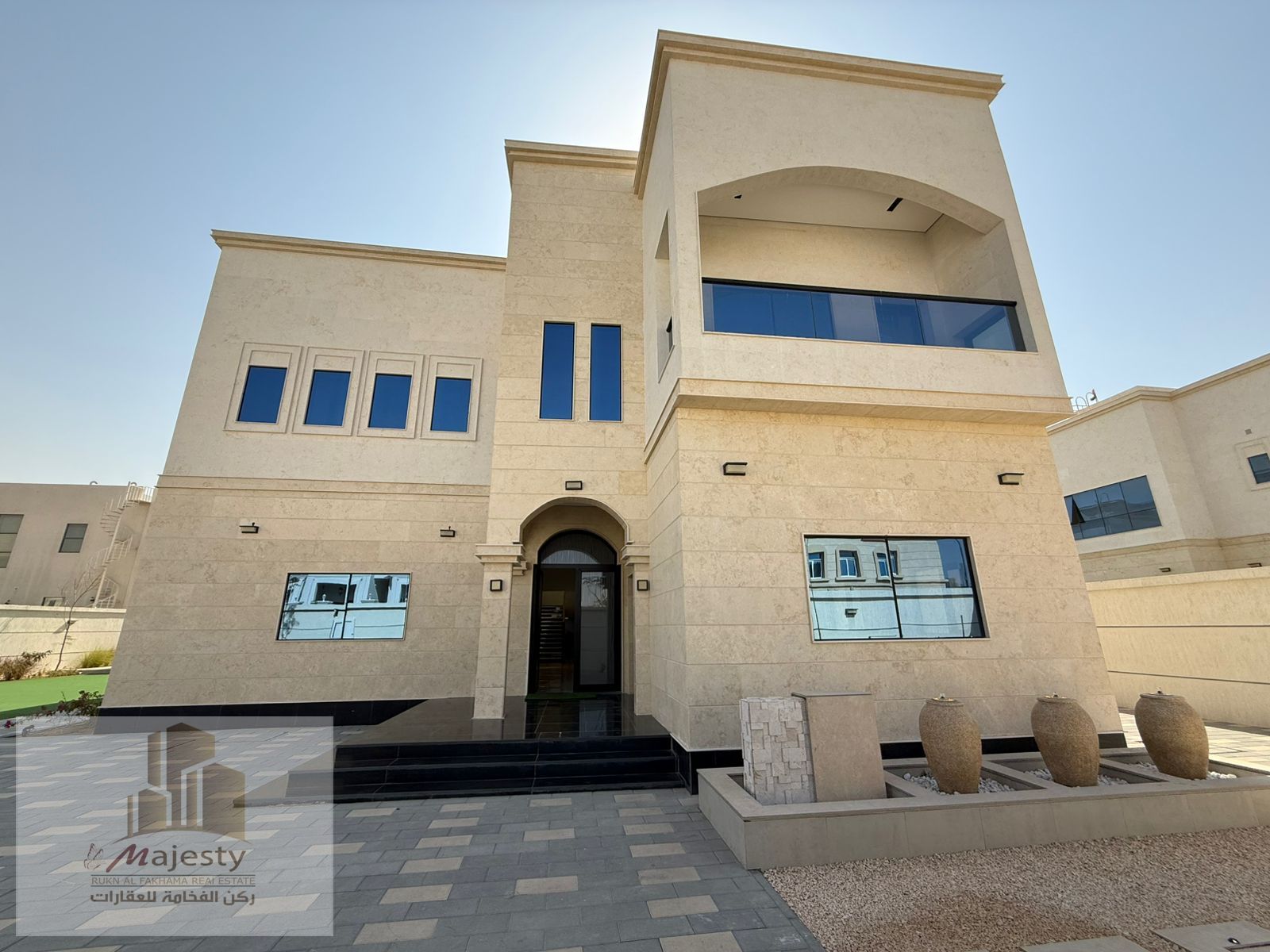 Luxury villa for sale in Al Hoshi Sharjah 10,000 sqft price AED 4,100,000 elevator 5 master bedrooms spacious halls premium location modern design
