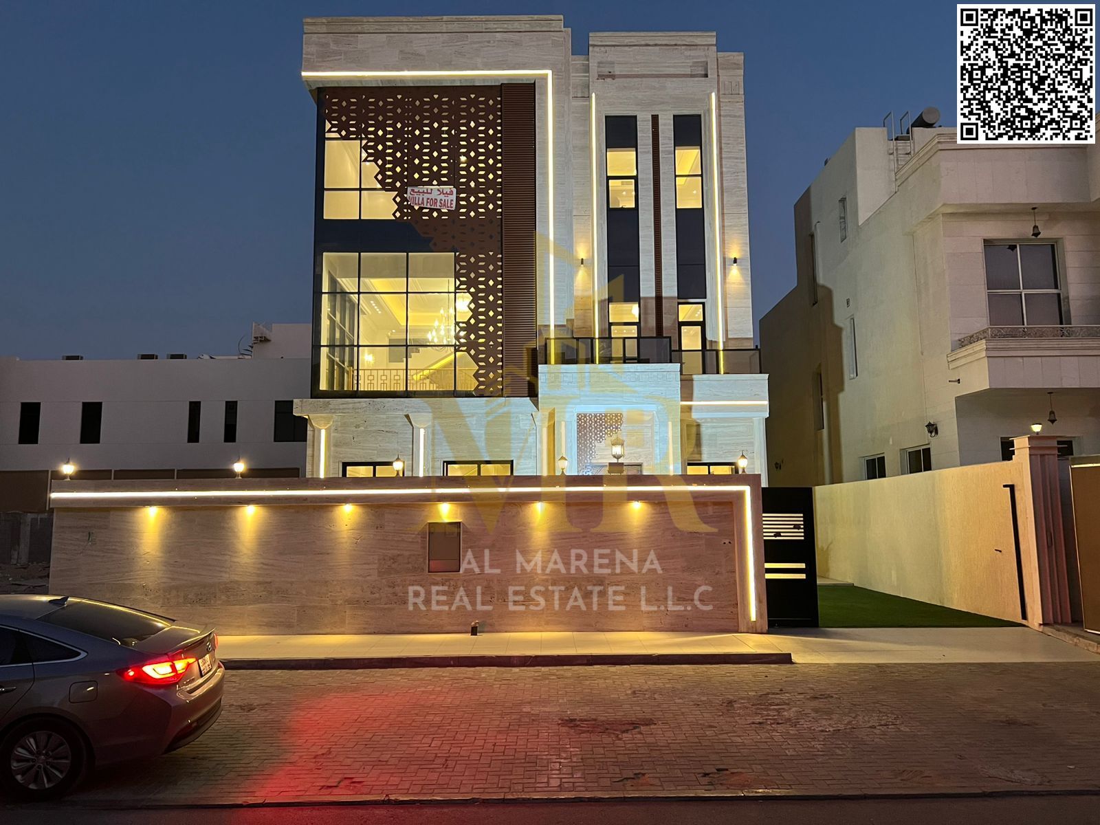 A luxurious villa with a modern design, spacious living areas, and a private pool in a prime location on Sheikh Mohammed Bin Zayed Road, offering a so