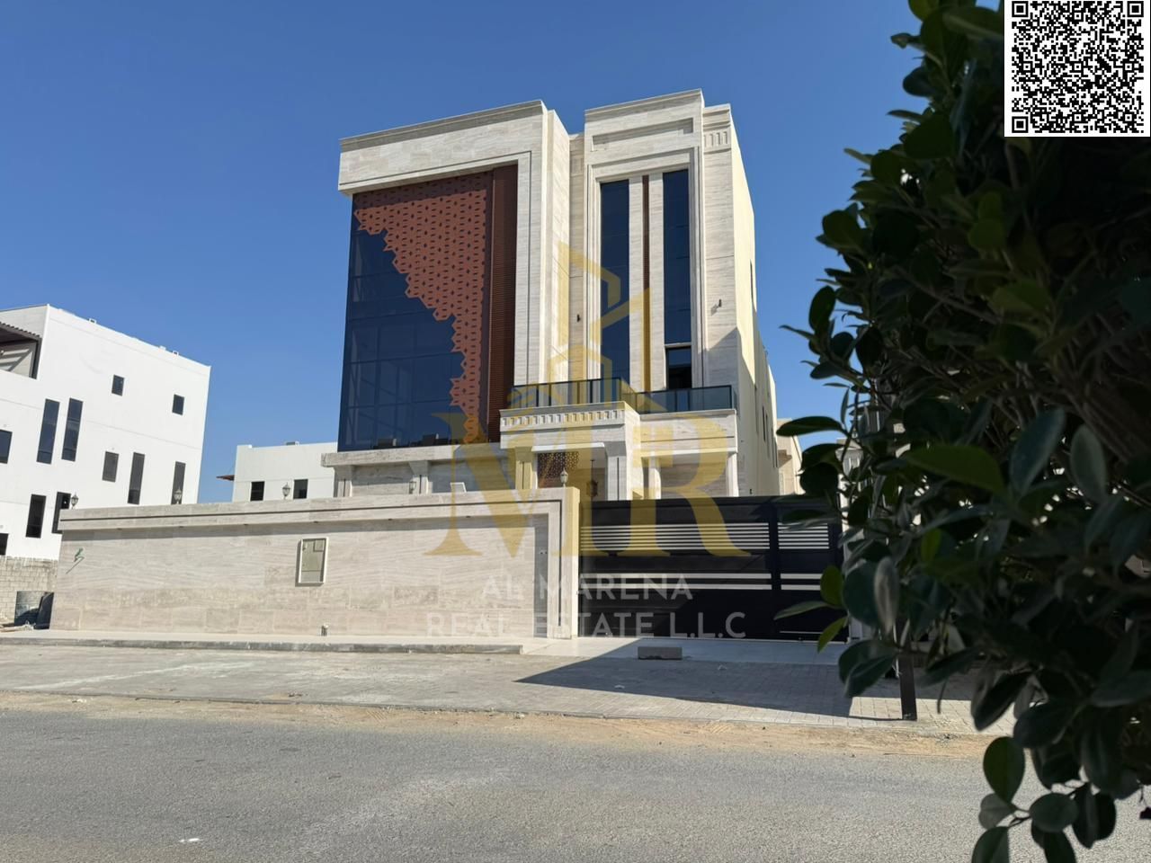 Villa with pool for sale in Al Alia area – Ajman. Two floors and a roof. Strategic location and modern design. Registration and ownership fees include
