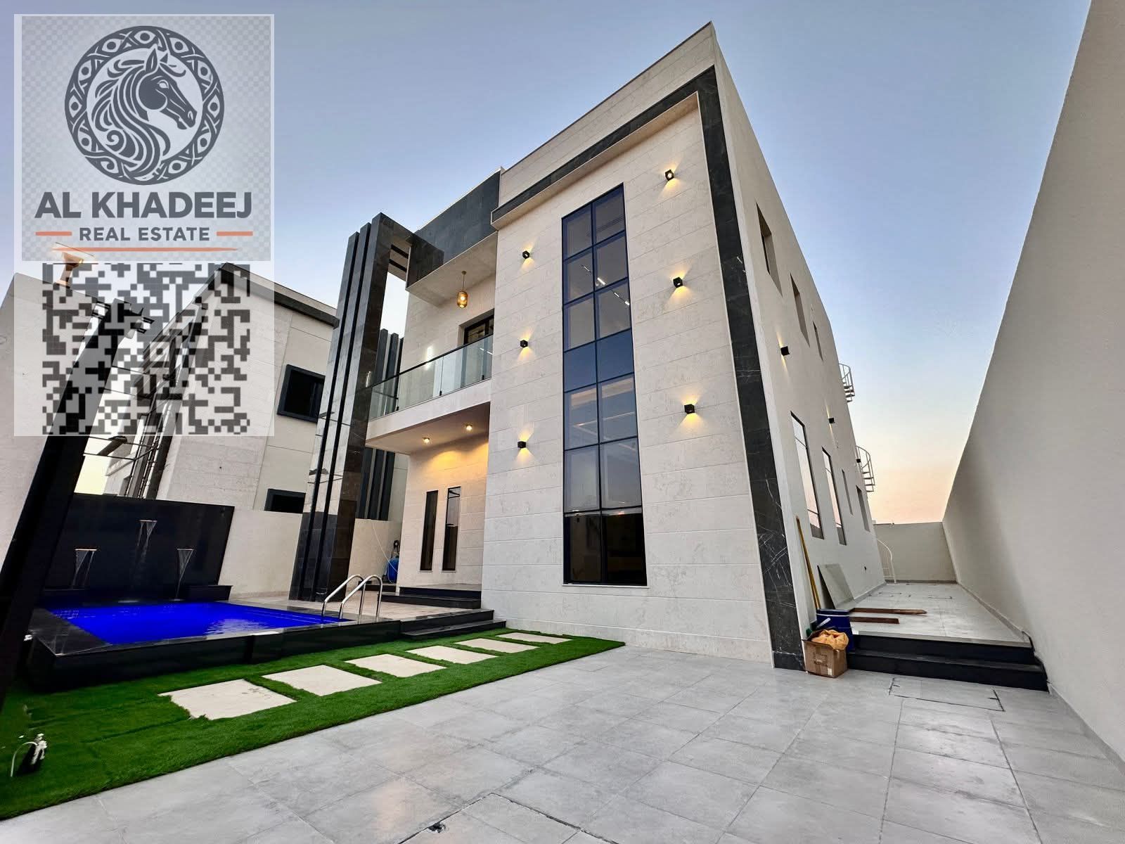 A unique opportunity to own an elegant column-style villa with a private pool, with no registration or ownership fees, in the Al Zahia area.