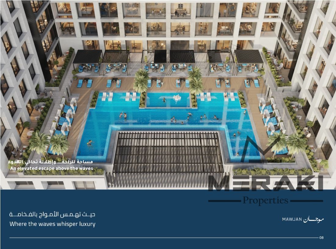 3-bedroom apartment with an area of 2,473 sq. ft. in the Moujan project, featuring a full sea view of Ajman Beach